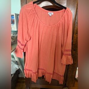 Great Northwest Indigo Boho Blouse 1X  Coral Ruffled Hem